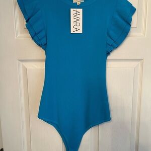 Avara NWT Knit Women's Blue Ruffle Sleeve Bodysuit